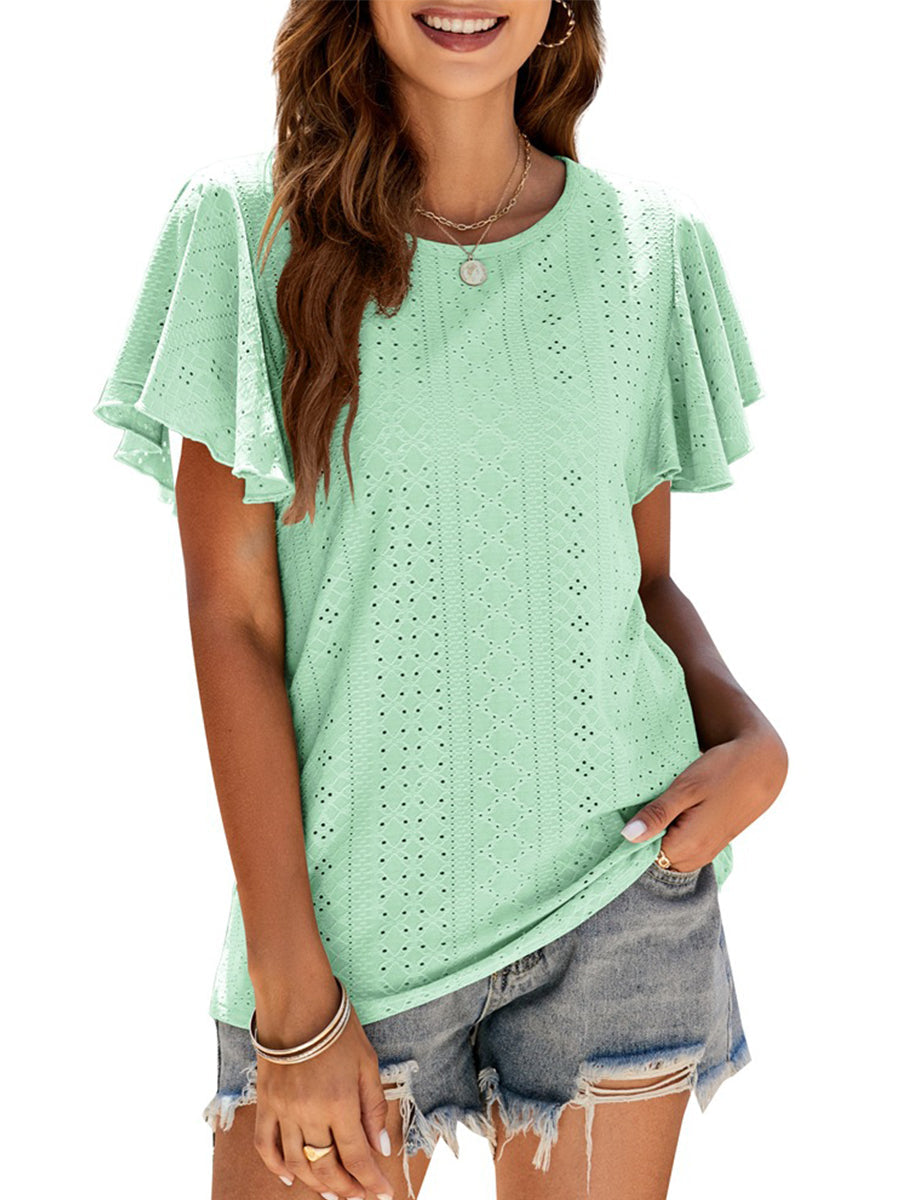 Hollow Ruffle Sleeve Casual Round Neck T-Shirt