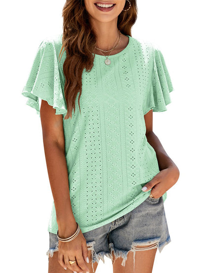T-Shirts - Hollow Ruffle Sleeve Casual Round Neck T-Shirt - MsDressly