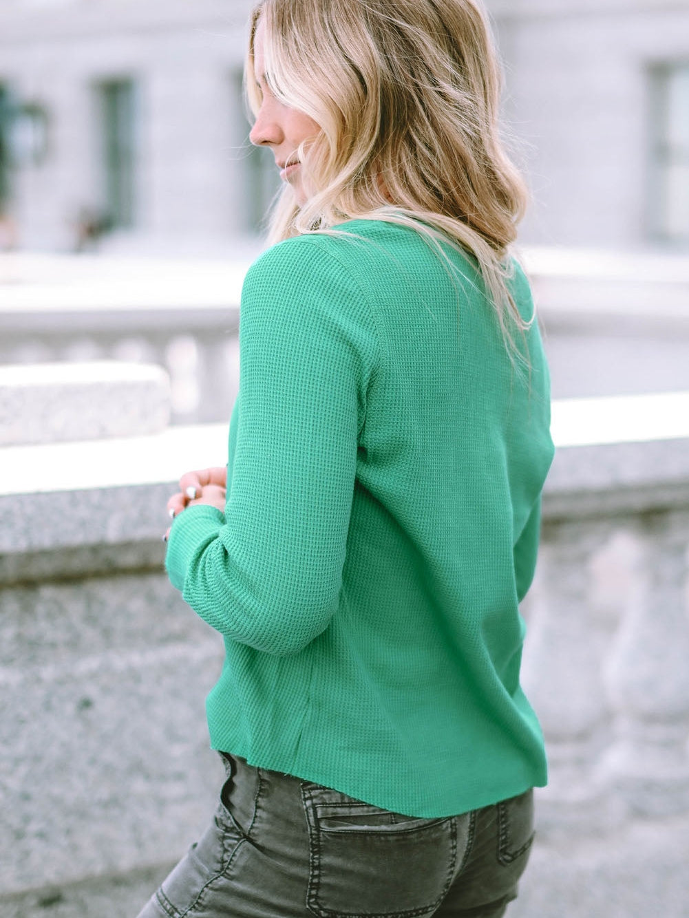 Green Button-Up Waffle Knit Henley Top