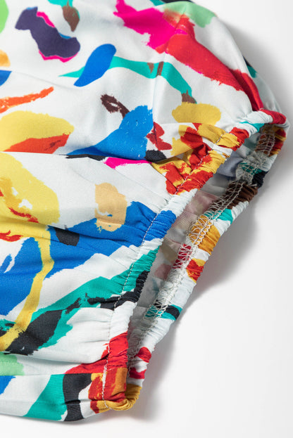 Green Abstract Print Notch Neck Bubble Sleeve Plus Dress