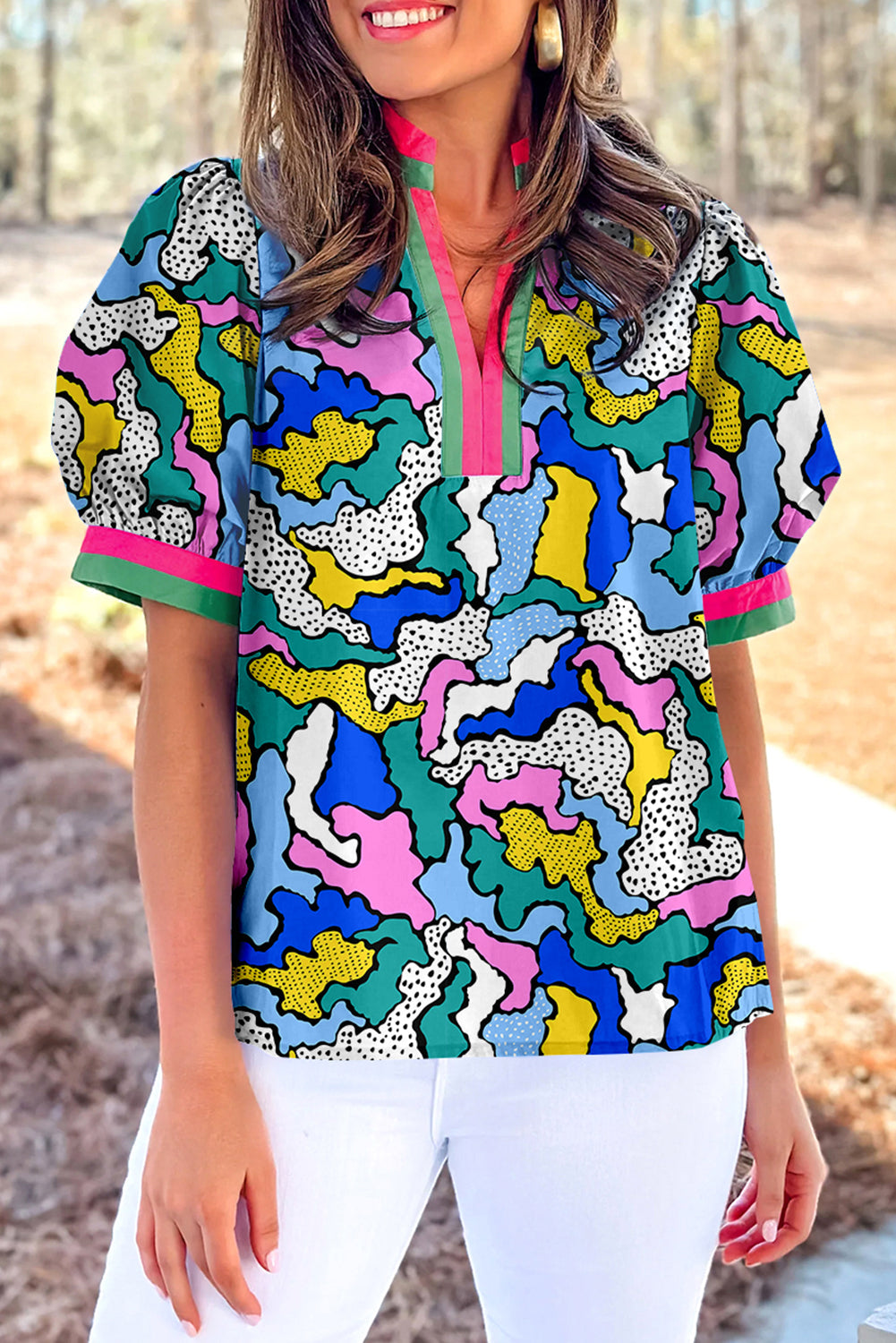 Green Abstract Camo Print Puff Short Sleeve Blouse