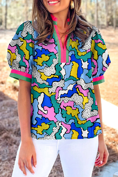 Green Abstract Camo Print Puff Short Sleeve Blouse
