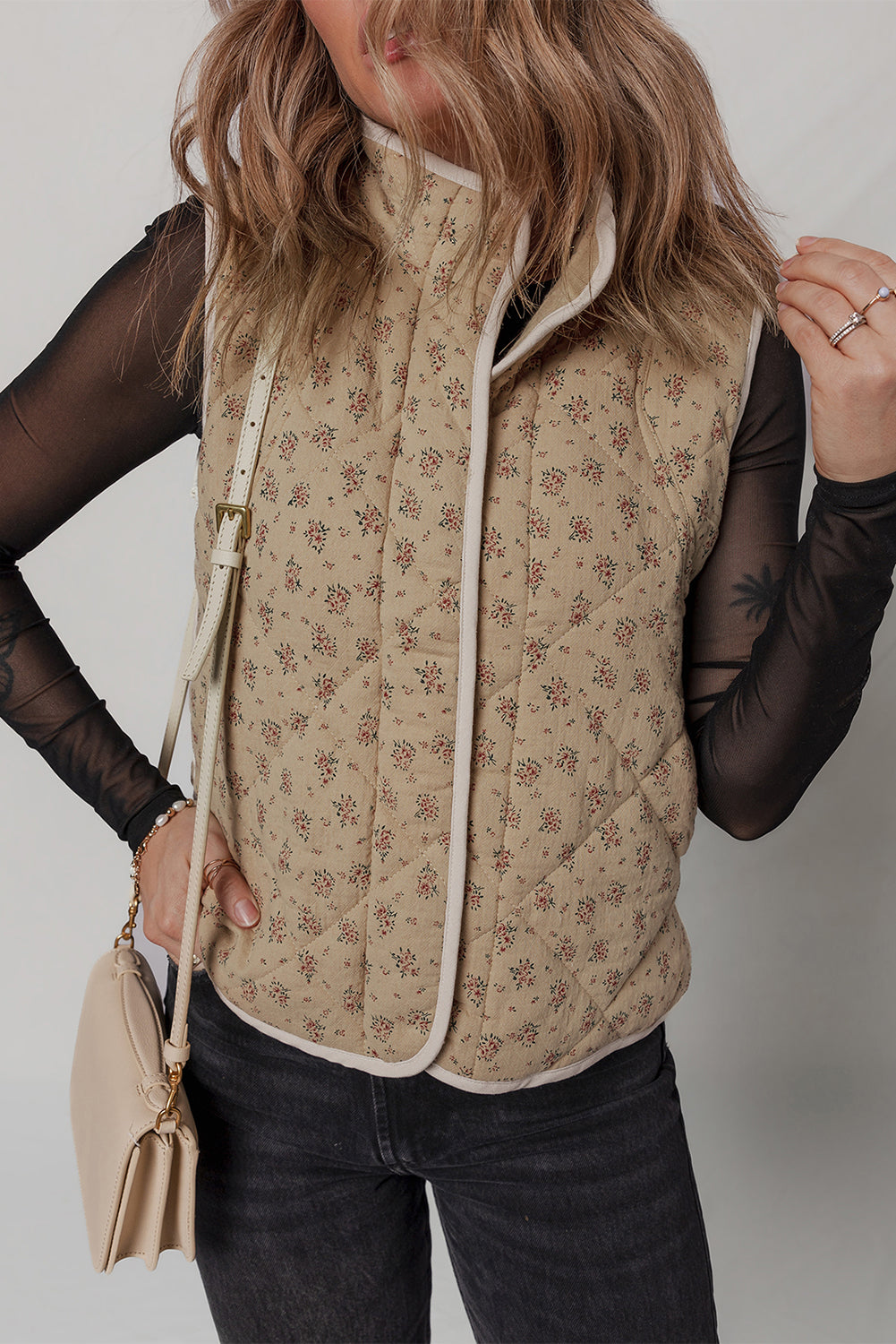 Khaki Floral Print Quilted Concealed Button Vest