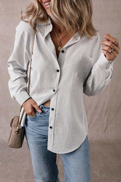 DEAR-LOVER Stripe Roll-tab Sleeve Pocketed Long Shirt