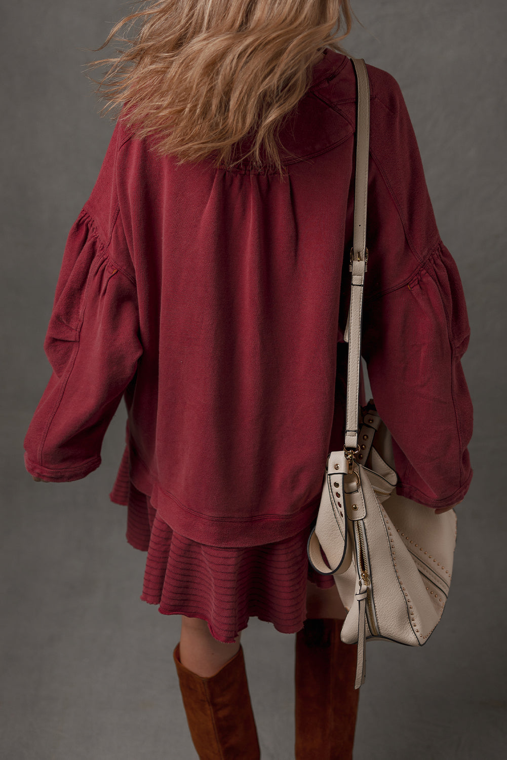Burgundy Ruffle Hem Patchwork Half Button Long Sleeve Loose Tunic Dress