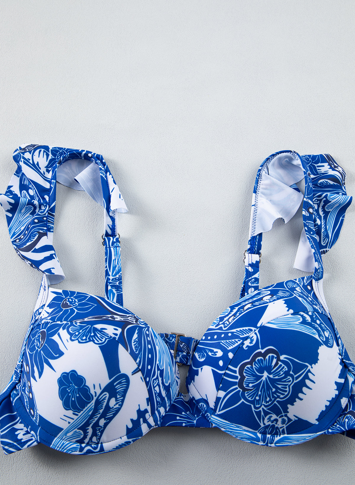 Floral White Bikini Set with Ruffled Bottom and Cover-Up