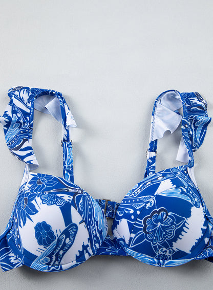 Floral White Bikini Set with Ruffled Bottom and Cover-Up