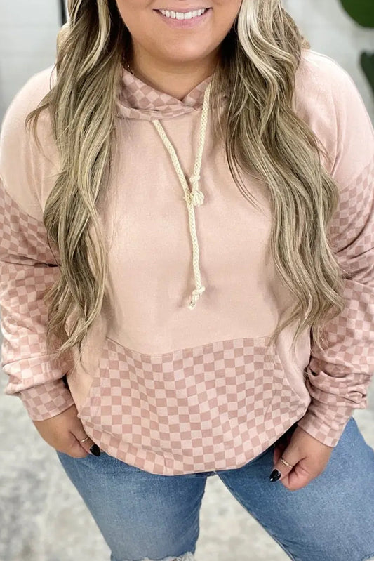 Pink Colorblock Checkered Patchwork Plus Size Hoodie