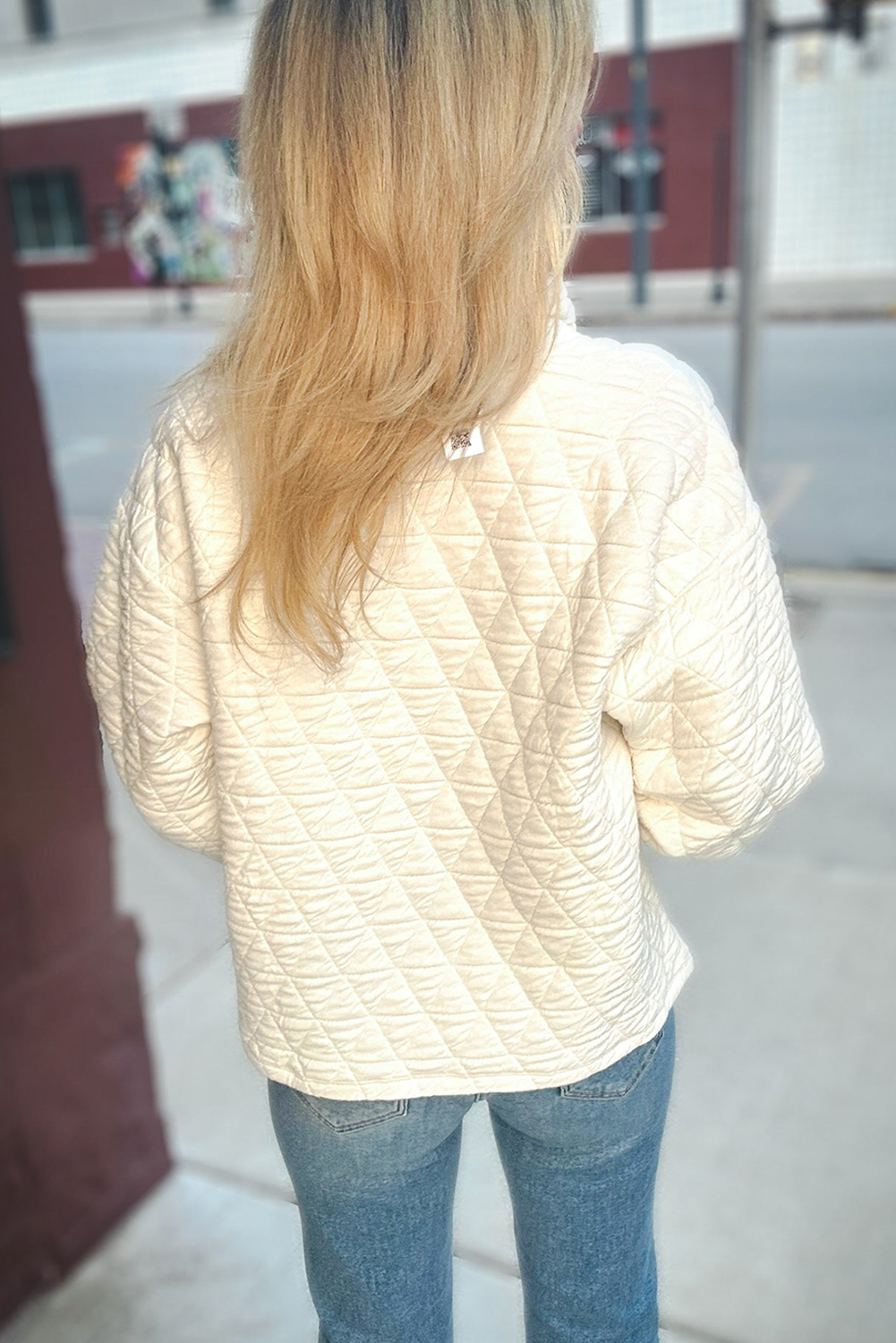 White Quilted Bishop Sleeve Buttoned High Neck Pullover Sweatshirt