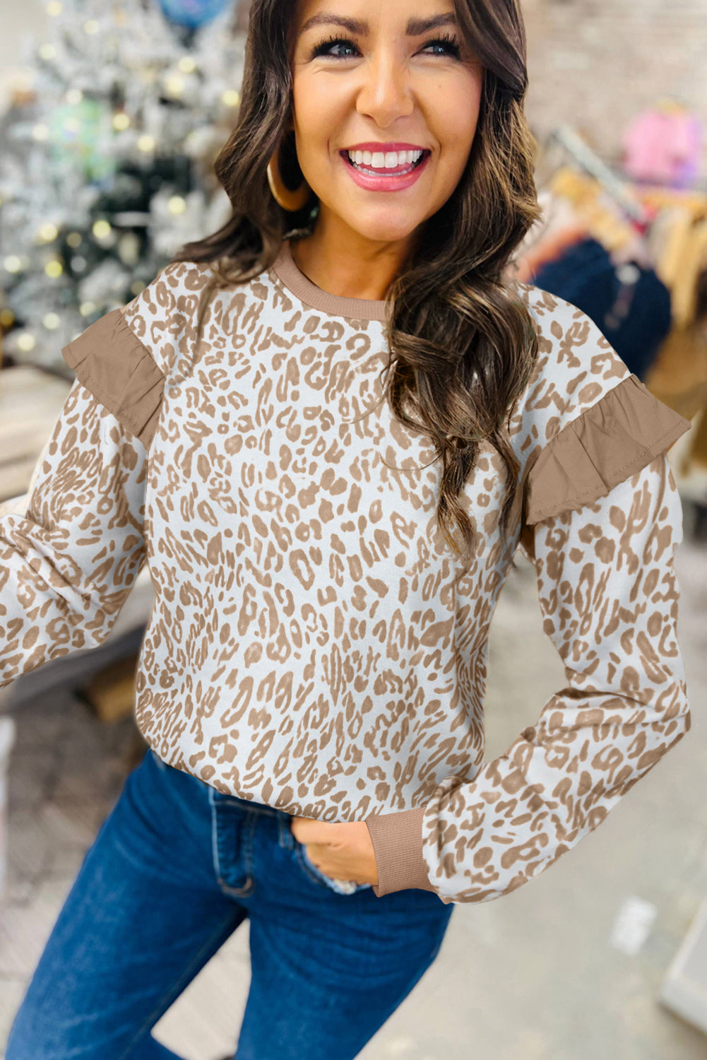 Khaki Leopard Ruffle Detail Ribbed Trim Round Neck Sweatshirt