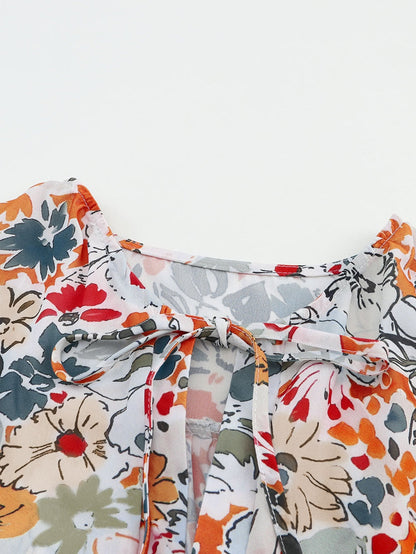 Floral Print Split V Neck Puff Sleeve Blouse