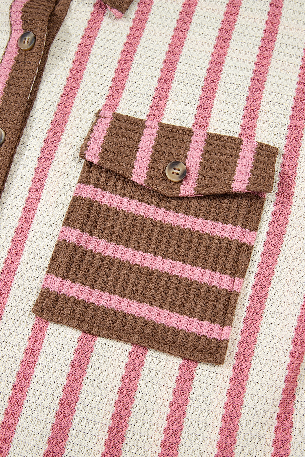 Multicolour Striped Knit Contrast Patchwork Button Flap Pocket Raw Hem Shacket