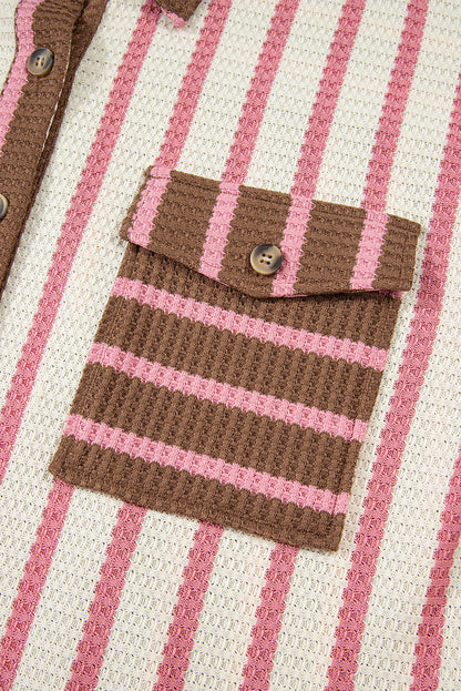 Multicolour Striped Knit Contrast Patchwork Button Flap Pocket Raw Hem Shacket