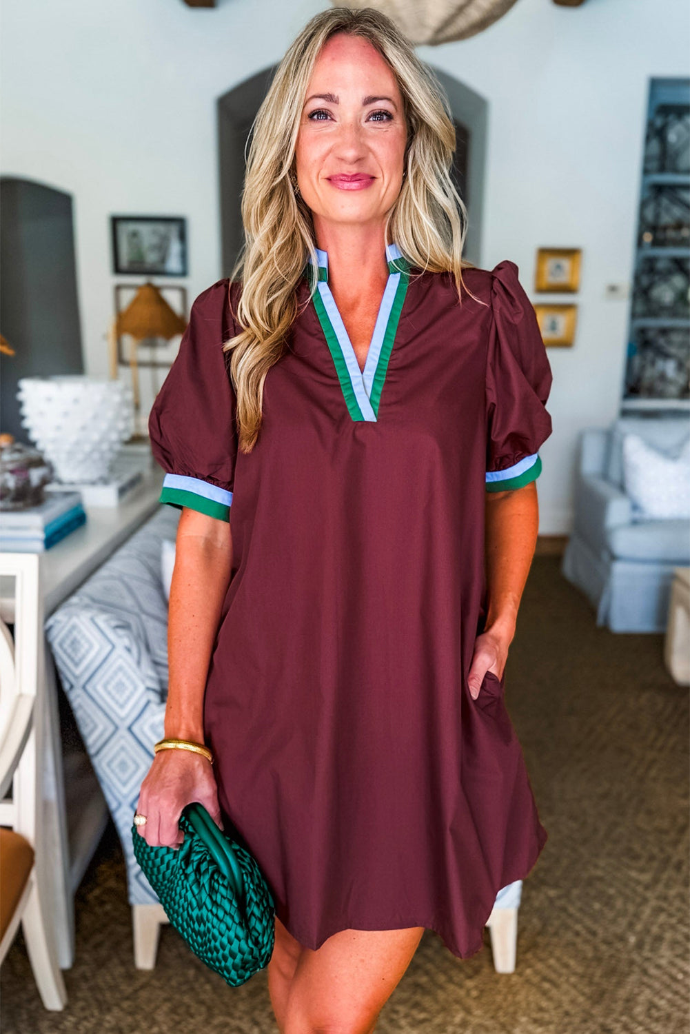 Burgundy Contrast Striped Notched V Neck Puff Sleeve Mini Dress