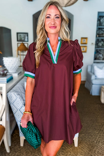 Burgundy Contrast Striped Notched V Neck Puff Sleeve Mini Dress