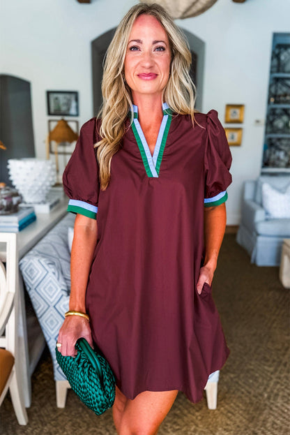 Burgundy Contrast Striped Notched V Neck Puff Sleeve Mini Dress