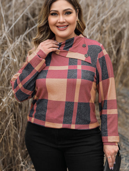 Mineral Red Geometric Print Plus Size Long Sleeve Collared Top