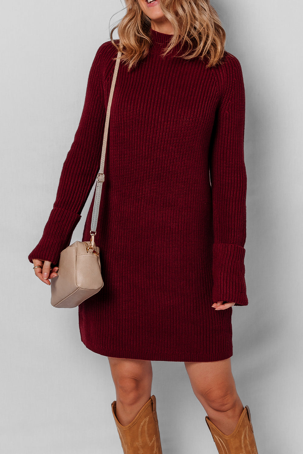 Burgundy Raglan Sleeve Ribbed Knit High Neck Bodycon Sweater Mini Dress