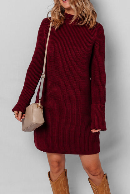 Burgundy Raglan Sleeve Ribbed Knit High Neck Bodycon Sweater Mini Dress