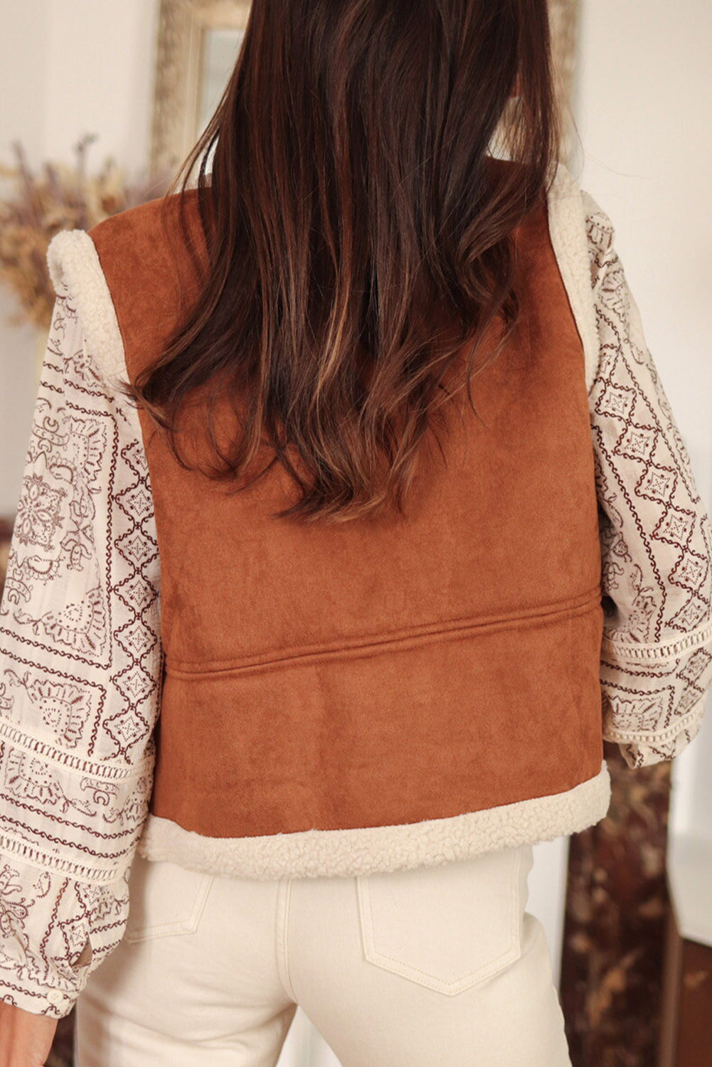 Chestnut Faux Suede Sherpa Patchwork Winter Vest
