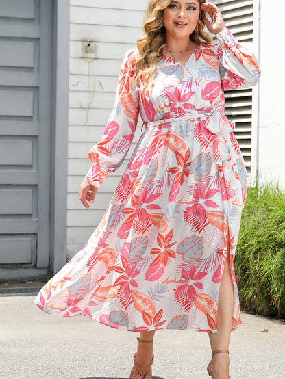 Tropical Print V-Neck Maxi Dress with High Waist Tie - Plus Size