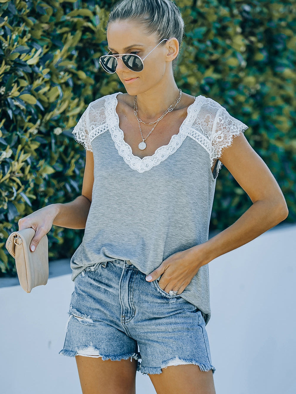 Gray Knit Lace Detail Cap Sleeve Top