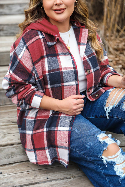 Red Plaid Hooded Jacket for Plus Size Women
