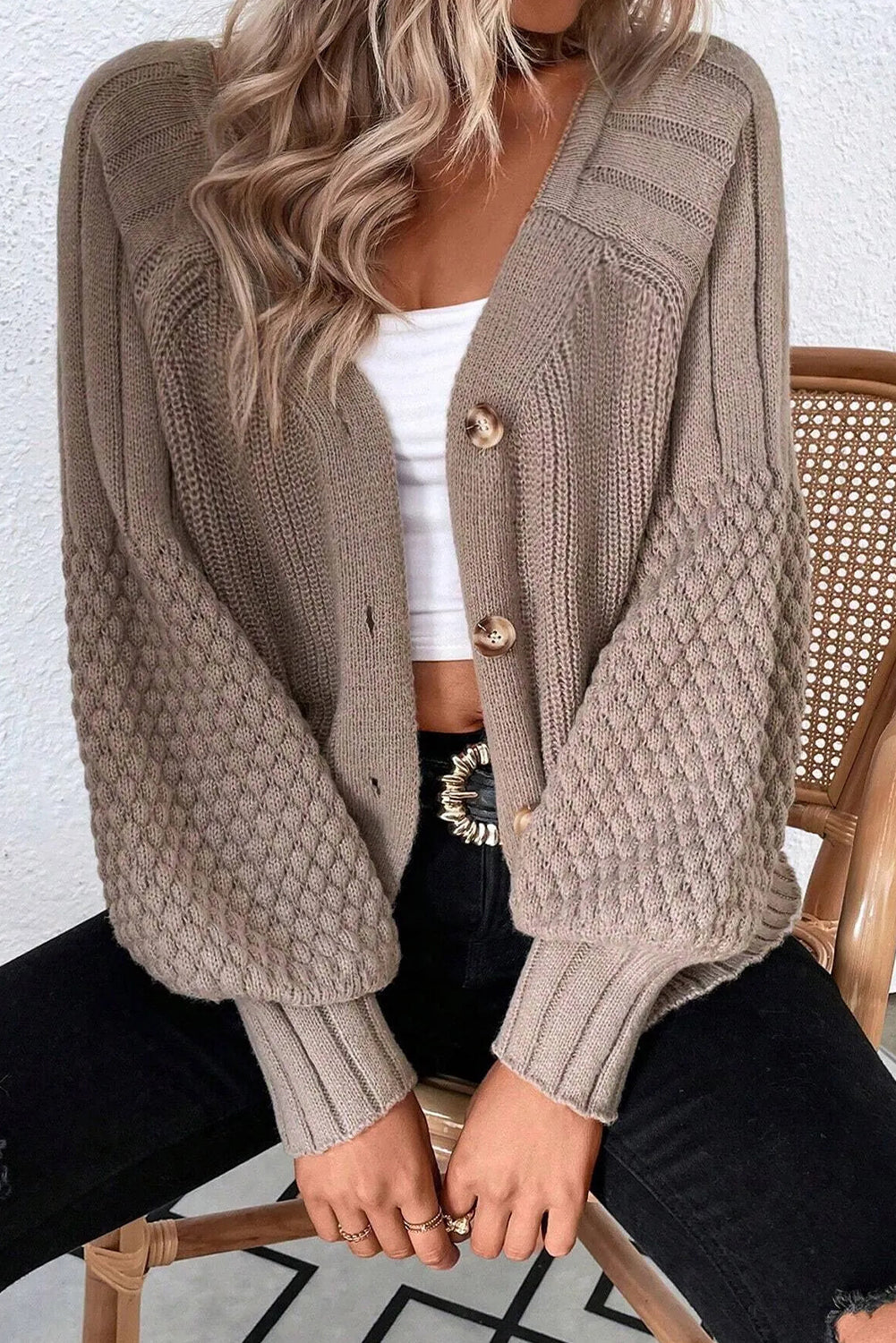 Goat Mixed Texture Knit Button V Neck Sweater Cardigan