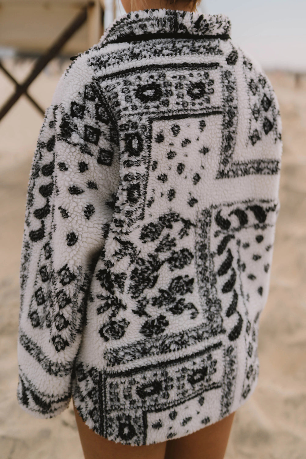 Black Sherpa Quarter Zip Western Print Oversize Sweatshirt