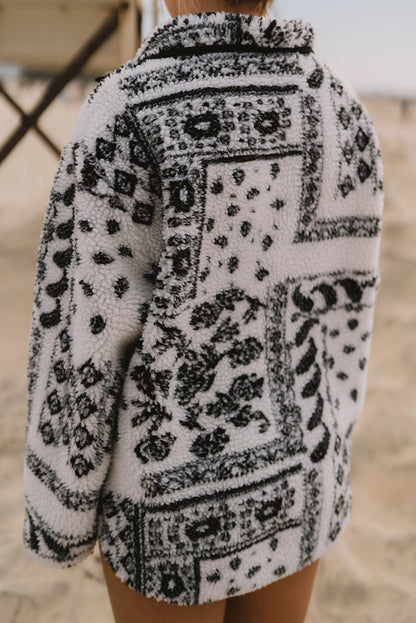 Black Sherpa Quarter Zip Western Print Oversize Sweatshirt