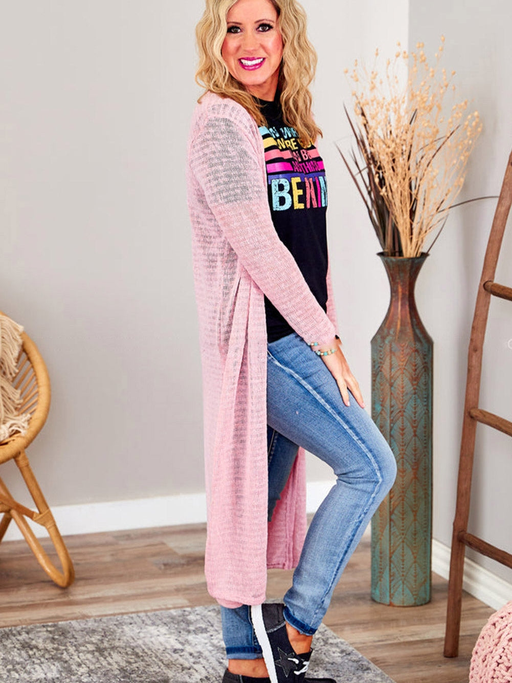Pink Sheer Knit Long Side Slit Plus Size Cardigan with Southern Belle Style