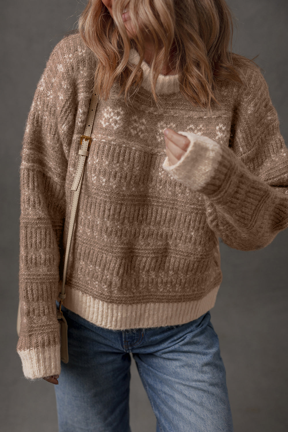 Dark Brown Geometric Knit Color Contrast Drop Sleeve Sweater