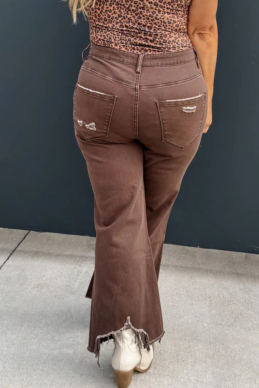 Coffee Asymmetric Distressed Raw Hem Cowgirl Jeans