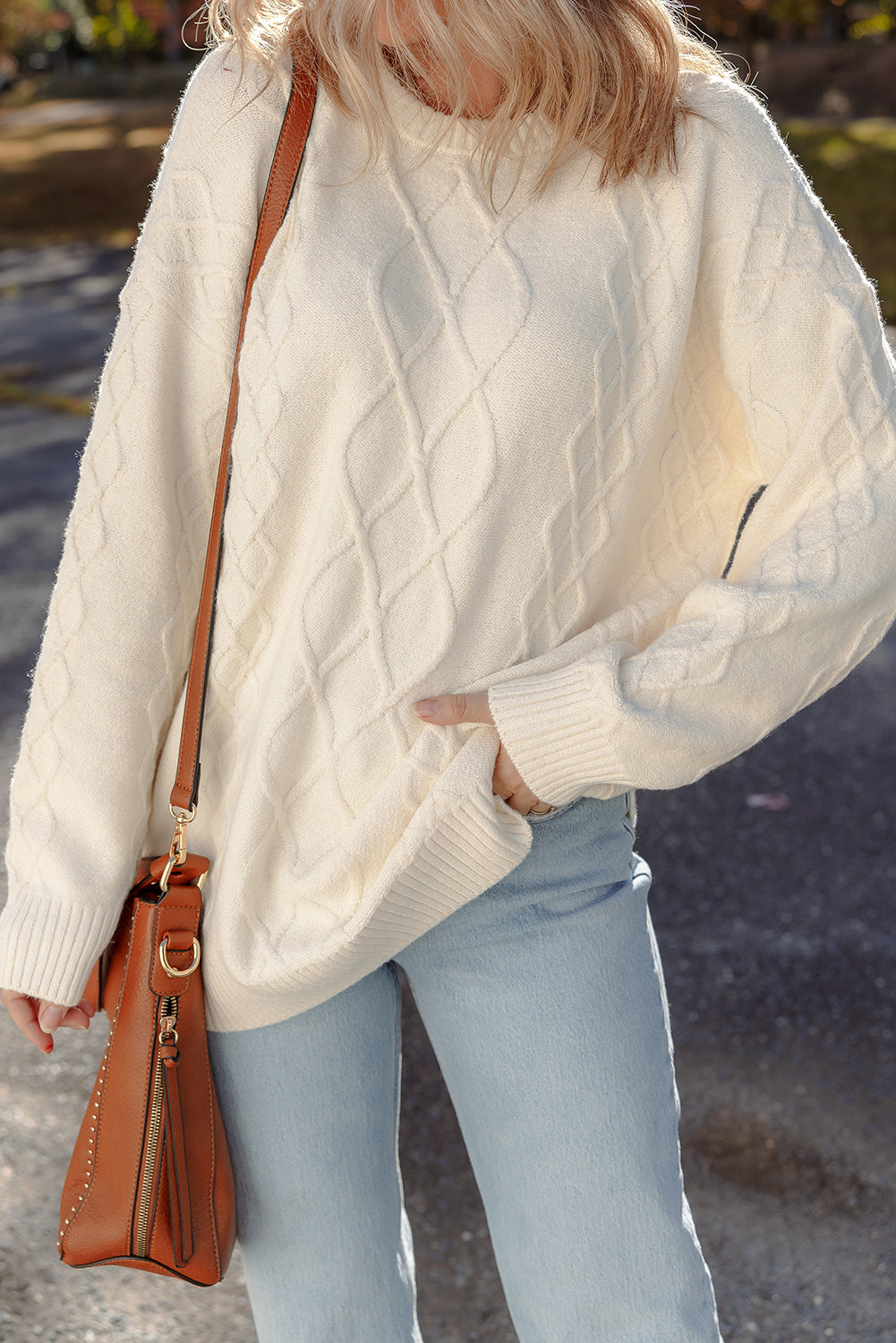 Beige Drop Shoulder Cable Knit Tunic Sweater