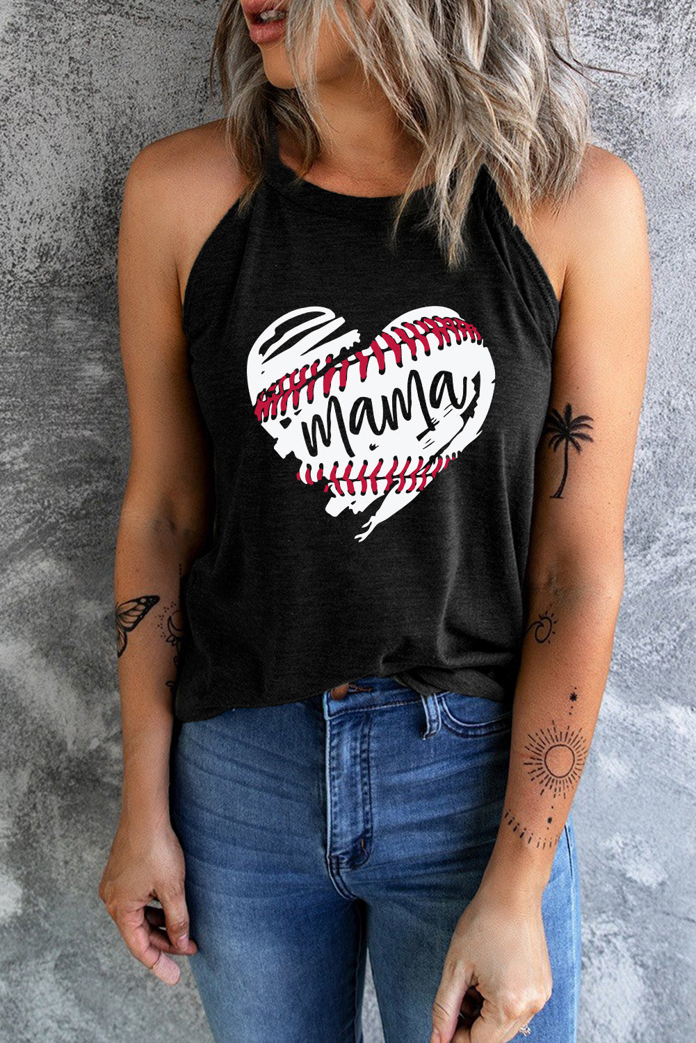 Heart Print Mama Baseball Graphic Tank Top