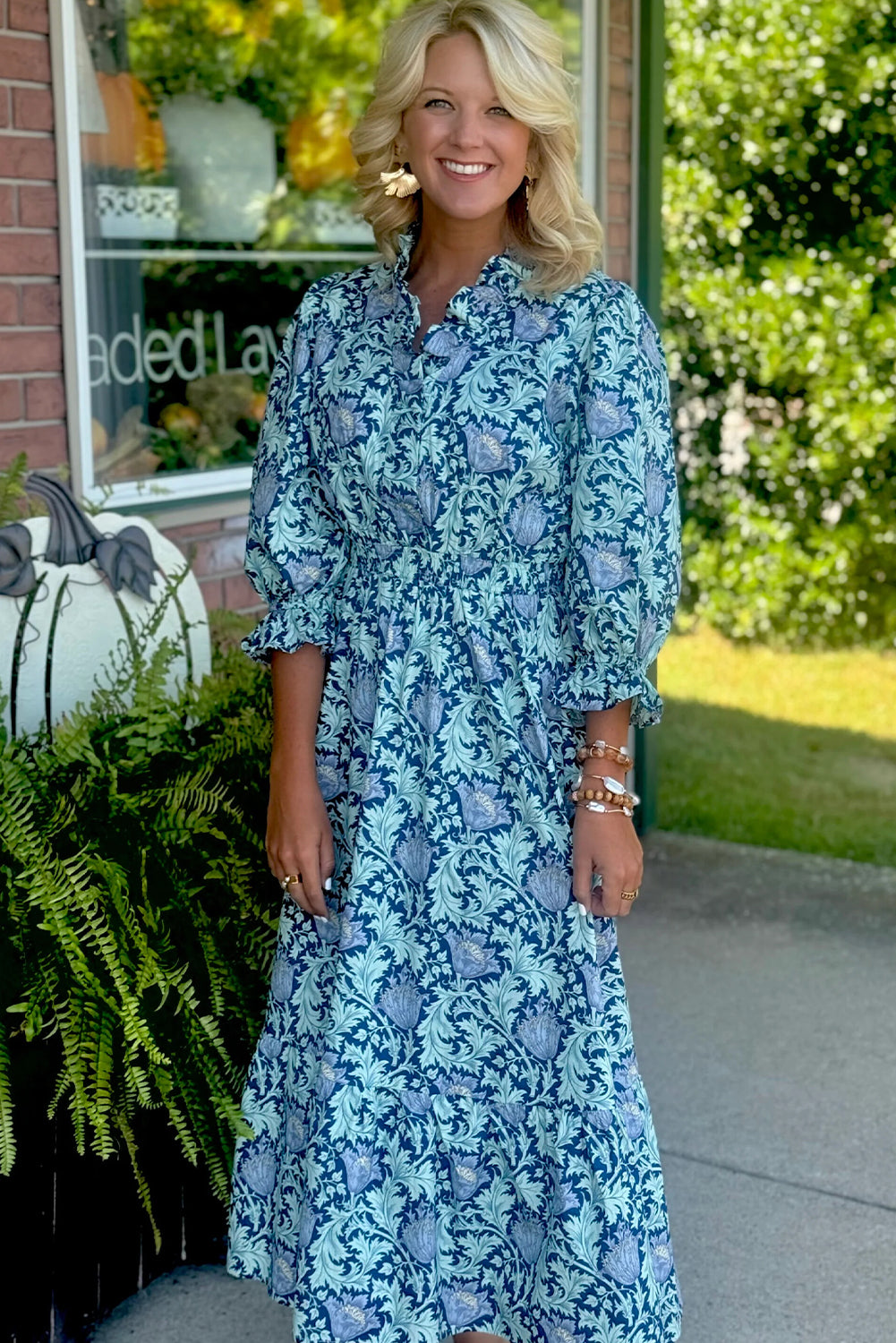 Sky Blue Floral Printed Frilled V Neck Bracelet Sleeve Midi Dress