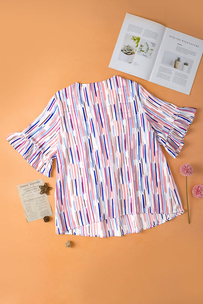 White Striped Ruffle Short Sleeve Plus Size Top