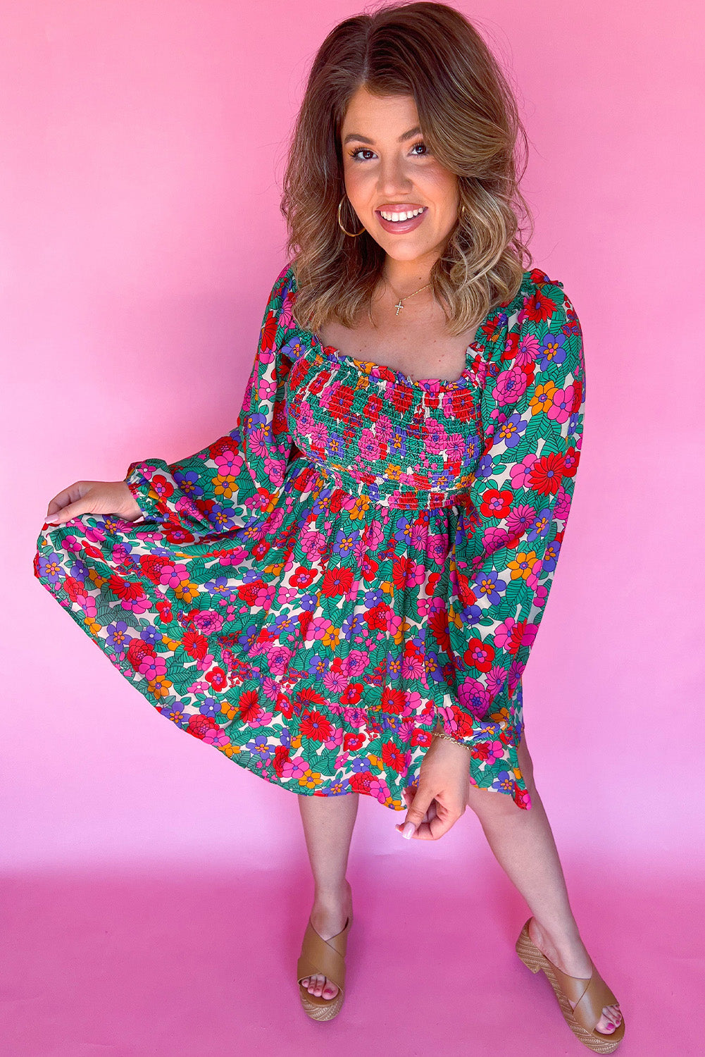 plus size floral long sleeve dress