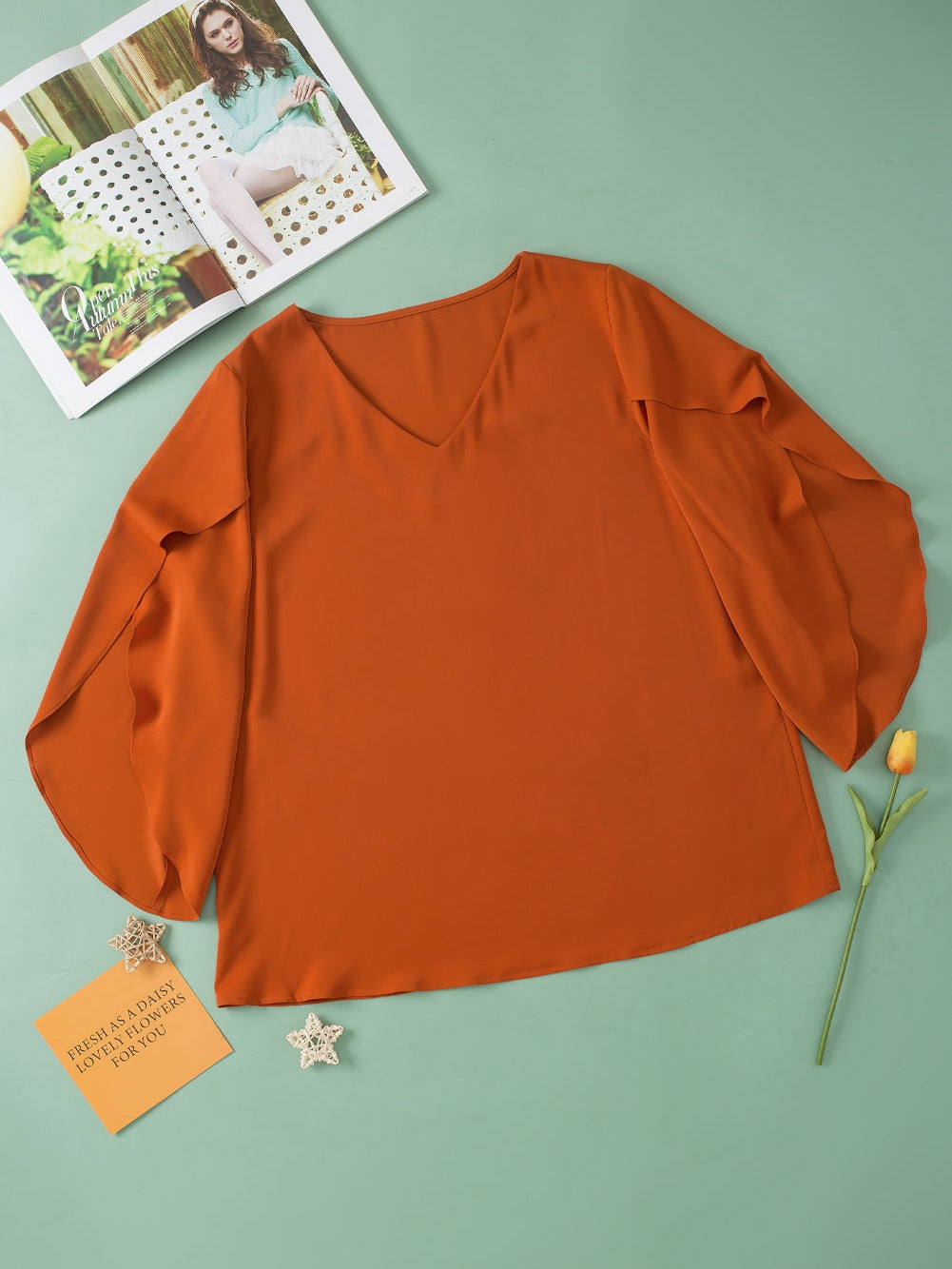 Golden Flame Wrap Sleeve V-Neck Plus Size Blouse