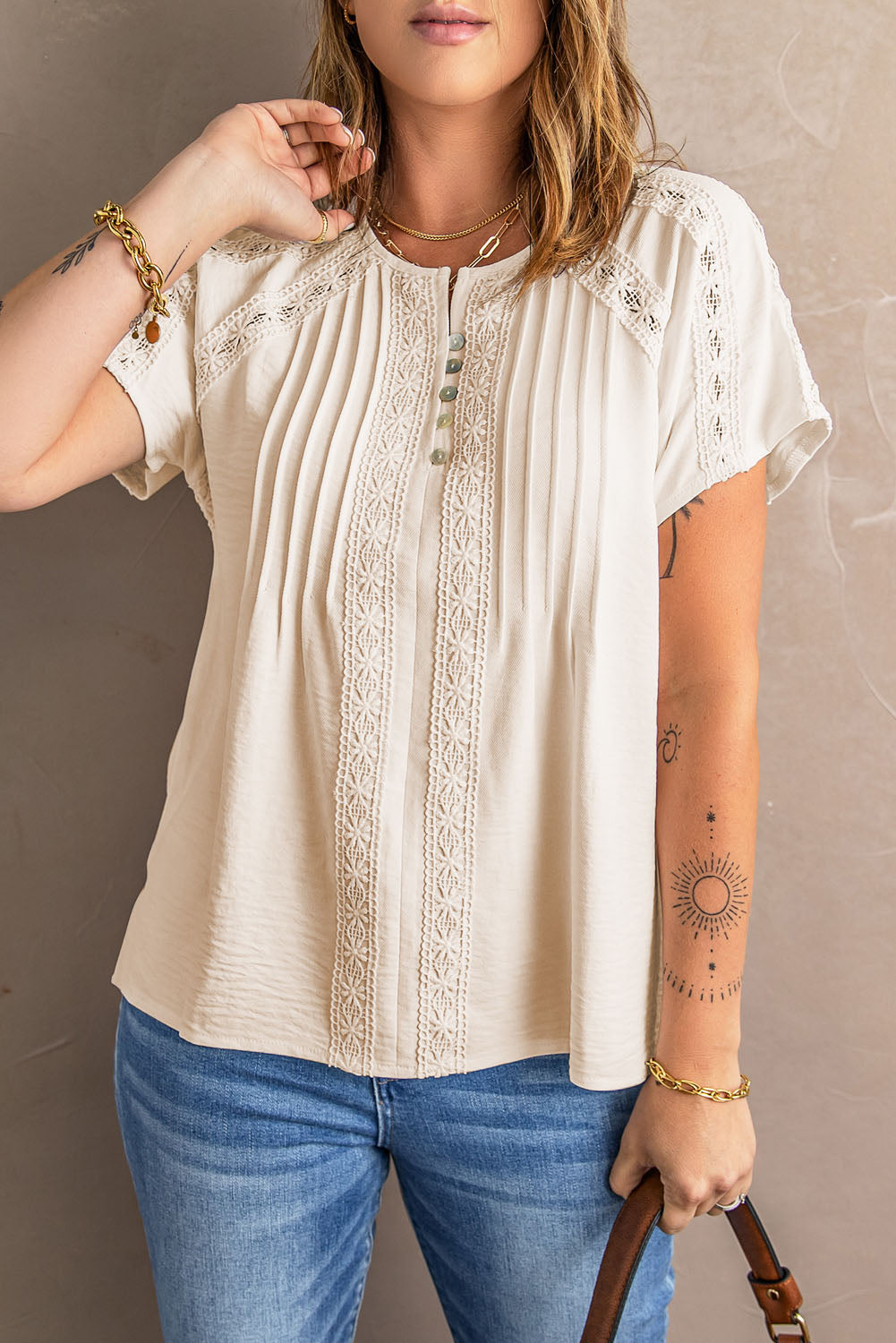 Apricot Crochet Eyelet Short Sleeve Top with Lace Detail