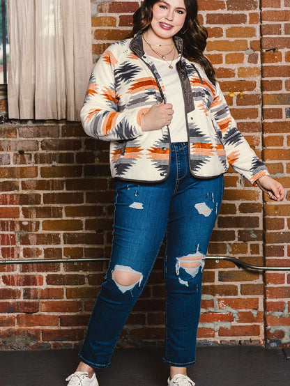 Aztec Print Stand Neck Plus Size Jacket in Grey Geo Patchwork