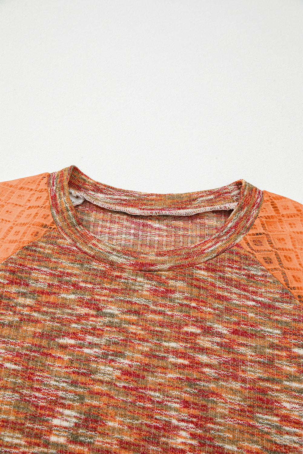 Orange Heathered Knit Lace Floral Patchwork Long Sleeve Blouse