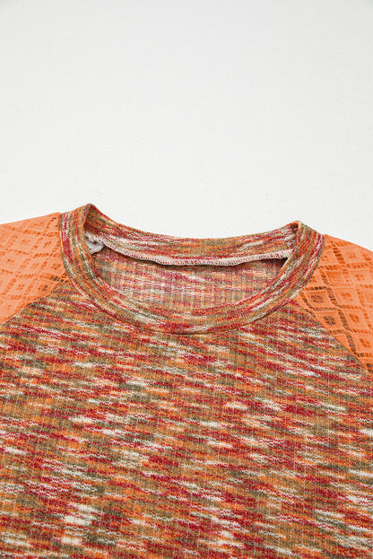 Orange Heathered Knit Lace Floral Patchwork Long Sleeve Blouse