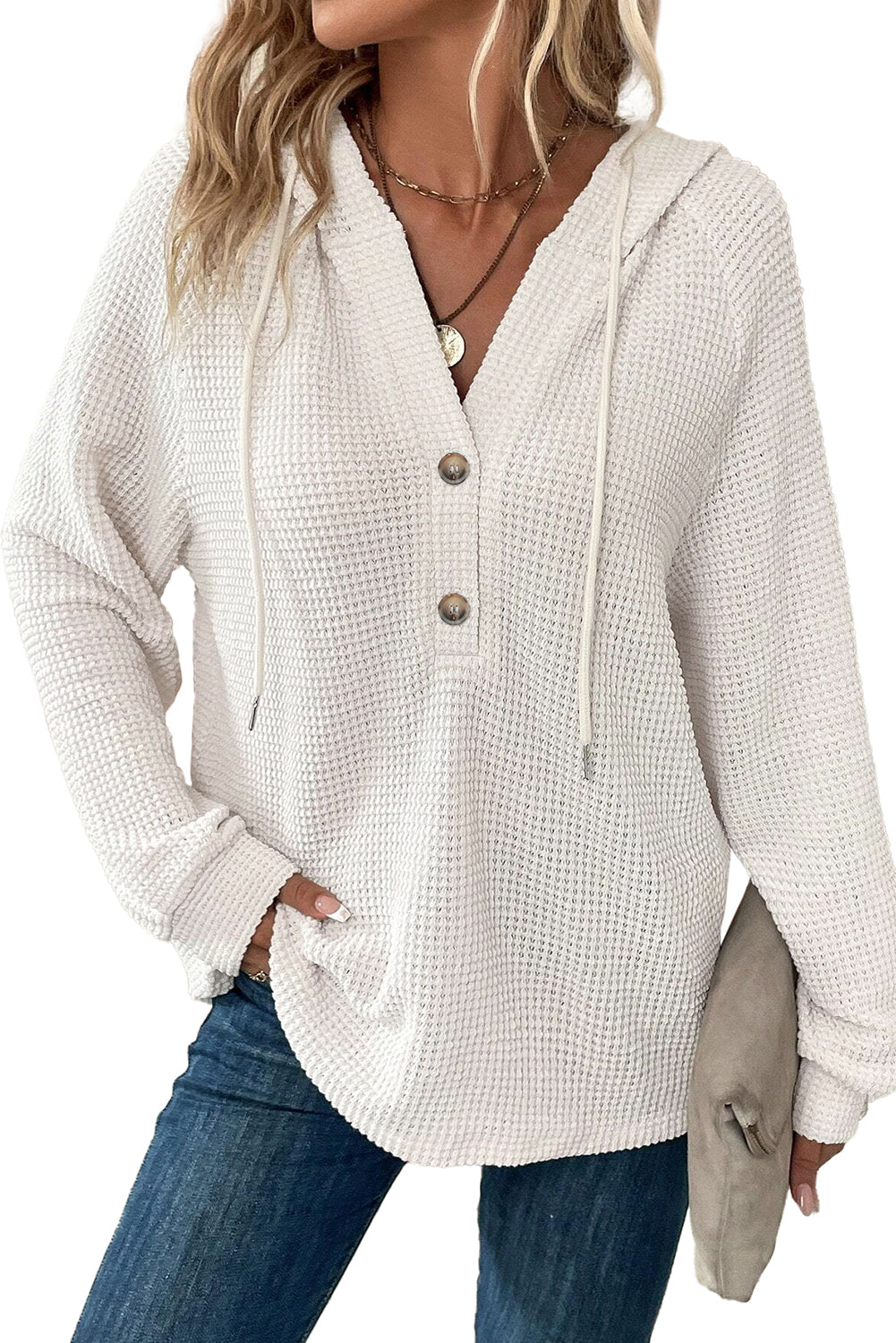 White Thermal Waffle Knit Button V Neck Loose Drawstring Hoodie