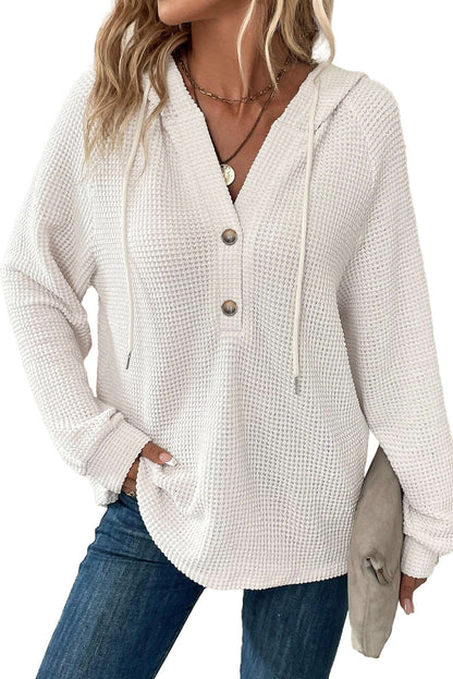 White Thermal Waffle Knit Button V Neck Loose Drawstring Hoodie