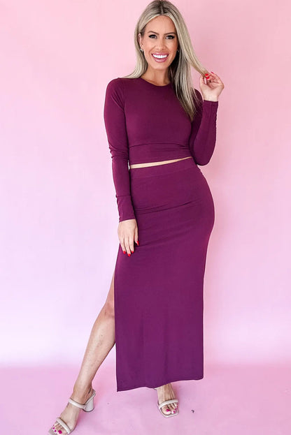 Burgundy Cropped Bodycon Long Sleeve Top Long High Waist Skirt Set
