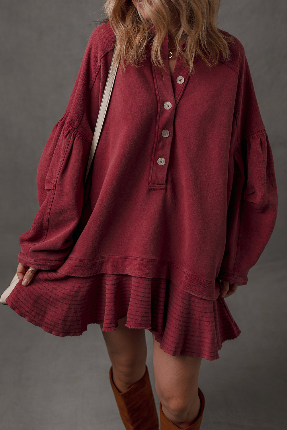 Burgundy Ruffle Hem Patchwork Half Button Long Sleeve Loose Tunic Dress