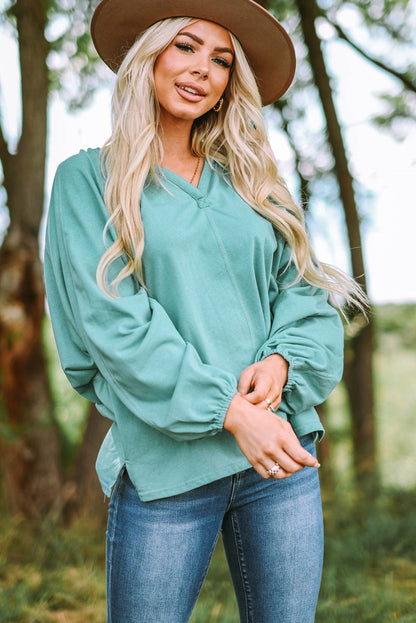 Emerald Green Flowy V Neck Blouse