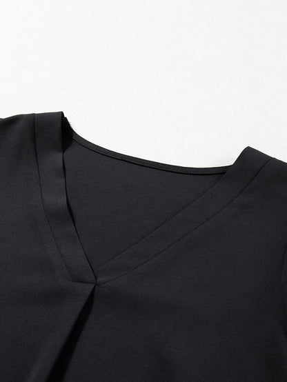 Black Solid Ruffled Puff Sleeve V Neck Plus Size Mini Dress