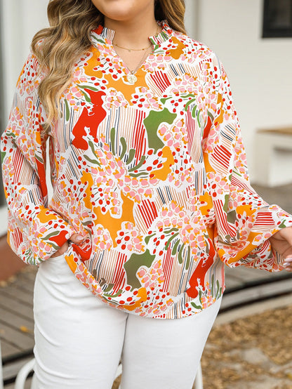 Orange Abstract Floral Frilled V-Neck Plus Size Blouse